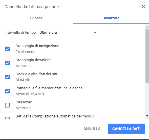 Questo è uno screenshot che mostra come pulire la cache del browser Google Chrome