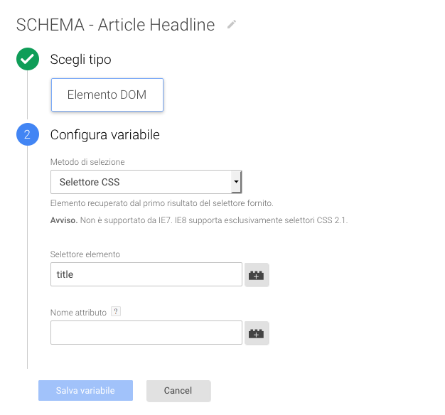 google tag manager variabile personalizzata title