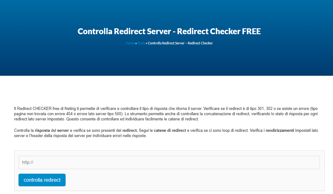 Schermata Tool Neting Redirect Checker